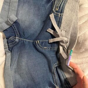 Blue Denim Jogger Pants with Gray Ribbed Waistband